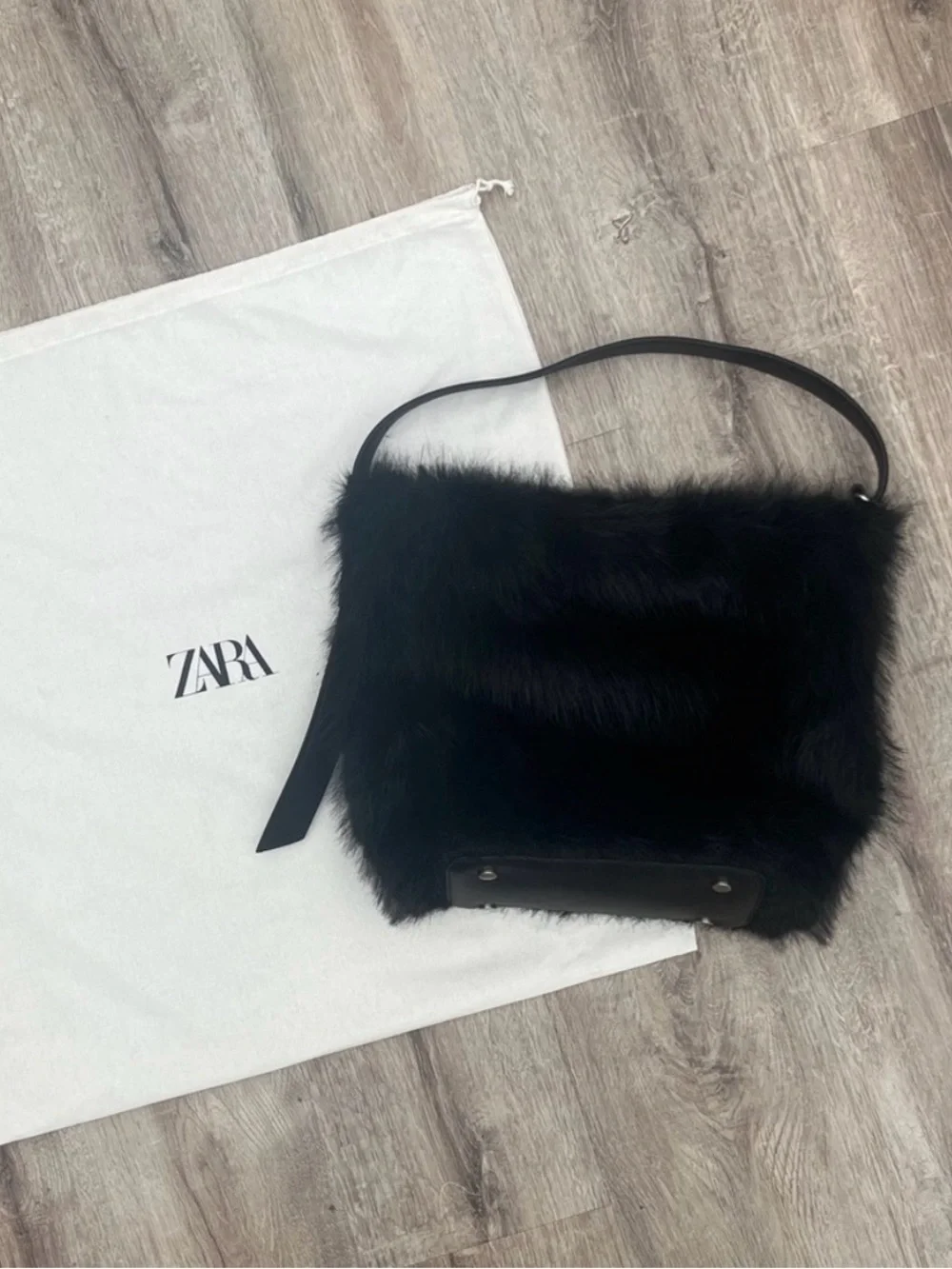 Zara Black Faux-Fur Hobo Bag with Adjustable Strap